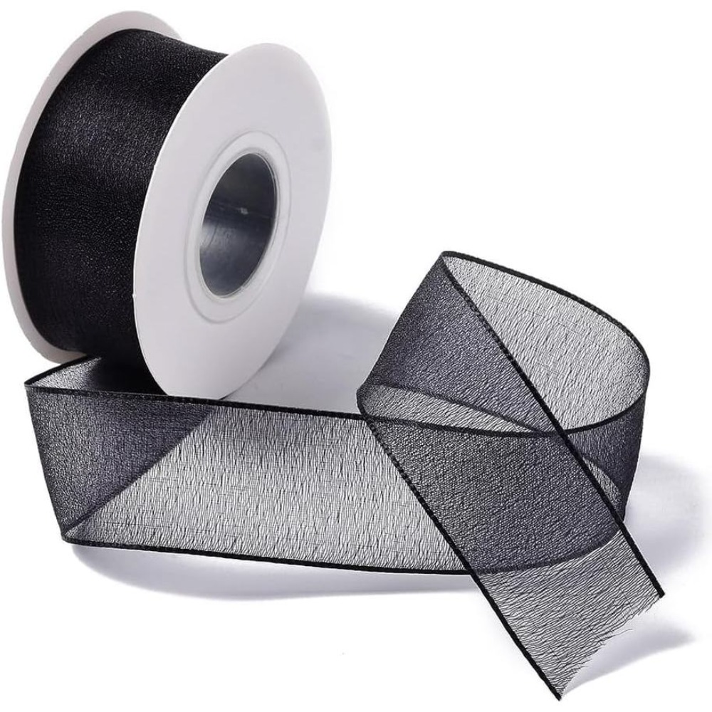 Organza Ribbon Spool - شريط أورجانزا أسود بعرض 1 بوصة،